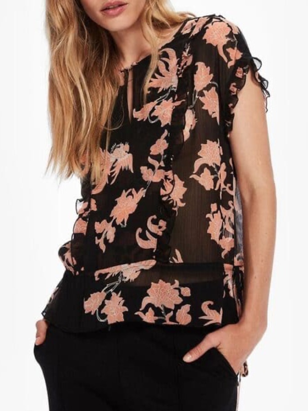 SCOTCH & SODA Floral Print Sheer Top with Ruffles FADING ROADS XS